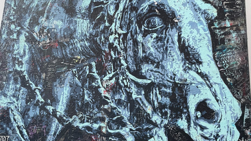 Detail of a tone-on-tone multimedia painting of a carved statue of a horse. The head and reigns are visible.